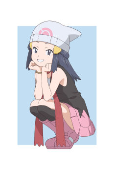  1girl beanie black_shirt black_socks blue_background blue_eyes blue_hair boots border commentary_request dawn_(pokemon) gensei00 grin hat highres kneehighs long_hair looking_at_viewer nintendo pink_boots pink_skirt pokemon pokemon_dppt shirt simple_background skirt sleeveless sleeveless_shirt smile socks solo squatting white_border white_hat 