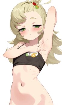 1girl arm_up armpit_focus armpits bitseon blonde_hair blush breasts closed_mouth cowboy_shot crop_top earrings expressionless fingernails green_eyes half-closed_eyes highres jewelry loli long_hair looking_at_viewer navel piper_wheel presenting_armpit sidelocks simple_background small_breasts solo stomach sweat white_background zenless_zone_zero rating:Sensitive score:234 user:danbooru
