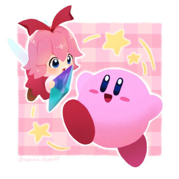  1girl blue_eyes blush_stickers commentary_request crystal dress fairy holding holding_crystal kirby kirby_(series) kirby_64 nako_(nekono_shippo75) nintendo open_mouth pink_hair plaid_background red_dress red_ribbon ribbon ribbon_(kirby) star_(symbol) wings 