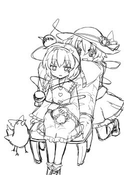  2girls absurdres animal animal_on_lap animalization bird buttons cat cat_on_lap chair collared_shirt commentary_request eyeball flower frilled_shirt_collar frilled_sleeves frills greyscale hair_ornament hairband hat hat_flower heart heart_button heart_hair_ornament highres kaenbyou_rin kaenbyou_rin_(cat) komeiji_koishi komeiji_satori long_sleeves monochrome multiple_girls on_chair on_lap oninamako open_mouth reiuji_utsuho reiuji_utsuho_(bird) ribbon-trimmed_collar ribbon_trim rose shirt shoes siblings sisters sitting sketch skirt smile socks third_eye touhou 