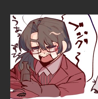 1boy =_= absurdres alcohol alternate_costume amputee bags_under_eyes beard_stubble black-framed_eyewear black-framed_glasses black_border blush border bottle brown_gloves brown_hair brown_shirt bug closed_eyes cockroach collared_shirt contrast_collar crying crying_with_eyes_closed drink drunk facial_hair formal_clothes from_side glasses gloves gregor_(project_moon) hair_between_eyes hair_over_shoulder head_down highres holding holding_bottle insect jacket lapels limbus_company long_hair long_sleeves low_ponytail male_focus multicolored_shirt no_headwear notched_lapels official_alternate_costume open_mouth parted_bangs ponytail project_moon rectangular_eyewear red_jacket red_shirt semi-rimless_eyewear shirt simple_background single_glove sketch solo speech_bubble striped_clothes striped_shirt stubble sweatdrop tears twinhook_pirates_(identity)_(project_moon) under-rim_eyewear upper_body wavy_mouth white_background