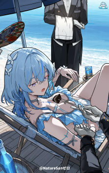  2girls 3others absurdres adapted_costume armlet artist_name beach_chair blue_hair butler commentary dual_persona highres jewelry long_hair multiple_girls multiple_others no_veil ocean open_mouth purple_eyes ryeon_(naturesan) shore shorekeeper_(wuthering_waves) swimsuit turning_head wuthering_waves 