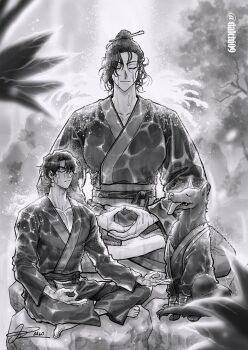  1boy 1girl animal barefoot black_hair black_robe caustics closed_eyes crossed_legs curtained_hair dalchi09 dog double_ok_sign greyscale hair_bun hair_ornament hanbok hands_on_own_knees hashtag-only_commentary height_difference korean_clothes meditation monochrome namgung_minyoung ok_sign omniscient_reader's_viewpoint own_hands_together robe serious short_hair sitting tall_female tongue tongue_out wet yoo_joonghyuk 