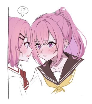  2girls amaori_haruna amaori_renako blush bow bowtie brown_sailor_collar closed_mouth commentary_request eye_contact harumashi_(harumashi12) incest long_hair looking_at_another medium_hair multiple_girls neckerchief open_mouth pink_eyes pink_hair red_bow red_bowtie sailor_collar school_uniform serafuku shirt siblings simple_background sisters sweat watashi_ga_koibito_ni_nareru_wake_naijan_murimuri! white_background white_shirt yellow_neckerchief yuri 