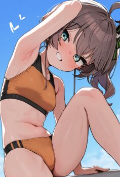 1girl arm_behind_head armpits bare_shoulders blue_eyes blue_sky blush breasts brown_hair day grin heart highres hololive long_hair masasirai natsuiro_matsuri navel outdoors side_ponytail sitting sky small_breasts smile solo track_uniform virtual_youtuber rating:Sensitive score:92 user:danbooru