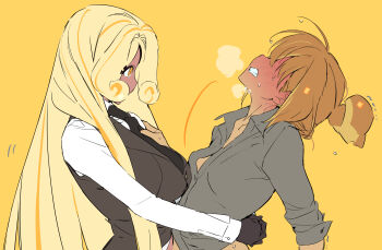  2girls @_@ black_gloves black_necktie black_vest blonde_hair breasts breath brown_hair clenched_teeth collarbone collared_shirt commentary cookie_run cookie_run:_ovenbreak covered_eyes covered_mouth croissant_cookie curly_sidelocks dual_persona face-to-face flying_sweatdrops food-themed_hair from_side gloves grey_shirt hair_behind_ear hair_bun hand_on_another's_chest hand_up highres hug large_breasts long_hair long_sleeves looking_at_another multicolored_hair multiple_girls necktie ohta_guk_hip orange_eyes orange_hair partially_open_shirt profile selfcest shirt short_hair sideways_mouth simple_background small_breasts streaked_hair sweat swept_bangs symbol-only_commentary teeth three-quarter_sleeves timekeeper_cookie two-tone_hair upper_body very_long_hair vest white_shirt yellow_background yuri 
