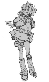  1girl choker full_body greyscale hair_ornament hairclip kinzaibatsu91 leg_warmers looking_at_viewer monochrome necktie open_mouth pouch shirt simple_background single_thighhigh skirt solo standing sunna_(zenless_zone_zero) thigh_pouch thighhighs white_background zenless_zone_zero 