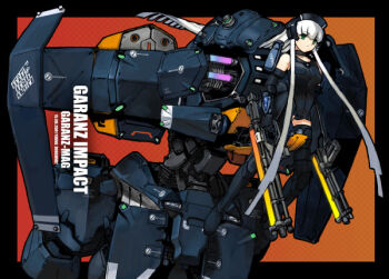 1girl armor black_boots black_border black_choker black_dress black_gloves boots border breasts choker closed_mouth commentary_request dated dress dual_wielding elbow_gloves exoskeleton garanz gloves gun holding holding_gun holding_weapon long_hair long_sidelocks mecha medium_breasts orange_background orion_(orionproject) outside_border phantasy_star phantasy_star_online racaseal robot short_dress shoulder_armor sidelocks sleeveless sleeveless_dress solo thigh_boots very_long_hair very_long_sidelocks weapon white_hair 