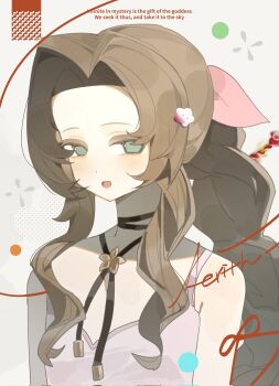  1girl aerith_gainsborough bare_shoulders braid braided_ponytail character_name choker commentary crisis_core:_final_fantasy_vii dress english_text final_fantasy final_fantasy_vii final_fantasy_vii_rebirth final_fantasy_vii_remake flower_choker green_eyes grey_background hair_ribbon highres light_blush open_mouth parted_bangs pink_dress pink_ribbon ribbon sidelocks single_braid sleeveless sleeveless_dress smile solo symbol-only_commentary upper_body wintercoming42 