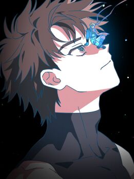  2boys battle_tendency blue_eyes blue_jacket brown_hair caesar_anthonio_zeppeli colored_lineart commentary_request ghost gijojogi headband jacket jojo_no_kimyou_na_bouken joseph_joestar joseph_joestar_(young) korean_commentary looking_up male_focus mini_person miniboy multiple_boys sleeveless sleeveless_turtleneck spiked_hair turtleneck 