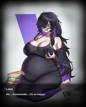  1girl absurdres big_belly black-framed_eyewear black_cardigan black_dress black_hair blush book breasts cardigan colored_inner_hair dress english_text feet foreground_text glasses goddess_of_victory:_nikke grabbing_own_breast hair_over_one_eye hand_on_own_stomach hands_on_own_stomach highres label_(nikke) lactation lactation_through_clothes large_breasts long_hair mojyo mole mole_on_breast multicolored_hair outie_navel pornography pregnant purple_eyes purple_hair purple_streaks solo tomiiate two-tone_hair veins veiny_breasts 