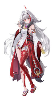  1girl absurdres armpit_crease bare_shoulders breasts commentary_request cosplay detached_sleeves droopy_ears full_body genshin_impact grey_hair grey_tail hairband highres holding holding_ofuda jyn_jyn large_breasts leg_tattoo long_hair mihoyo nontraditional_miko ofuda parted_lips red_eyes see-through_horns sideboob simple_background solo tail tattoo white_background white_hairband wide_sleeves yae_miko yae_miko_(cosplay) ye_shunguang ye_shunguang_(enlightened_state) zenless_zone_zero 