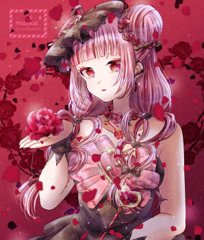  1girl artist_name bare_shoulders black_dress black_veil black_wrist_cuffs bow bowtie brooch bun_cover candy chest_tattoo chocolate chocolate_heart choker closed_mouth collarbone commentary dot_nose double_bun dress expressionless eyelashes falling_petals floral_background flower flower_choker flower_tattoo food food-themed_hair_ornament hair_bun hair_flower hair_ornament hair_over_shoulder heart heart-shaped_food heart-shaped_hair heart_brooch heart_hair_ornament heart_wand highres holding holding_flower holding_wand jewelry lace-trimmed_veil lace_trim lace_wrist_cuffs light_particles lipstick long_hair maika_(ma1ka8787) makeup miracle_nikki nikki_(series) petals pink_bow pink_bowtie pink_eyes pink_hair red_background red_flower red_lips red_rose rose rose_petals sidelocks solo sparkle strapless strapless_dress tattoo thorns thorns_of_love_(miracle_nikki) upper_body valentine veil very_long_hair wand watermark wrist_cuffs 