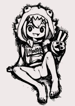  1girl :d absurdres amano_pikamee arm_support arm_up bottomless cleft_of_venus clitoris clothes_writing dinosaur_costume dinosaur_hood female_focus full_body hair_between_eyes highres hood hoodie kaijuu_(uchuukaijuu1917) knees_up leaning_back legs loli long_sleeves looking_at_viewer monochrome nail_polish no_panties on_floor on_ground open_mouth presenting_pussy pussy sharp_teeth simple_background sitting sketch smile solo spread_legs tagme teeth toes upper_teeth_only v virtual_youtuber voms  rating:Explicit score:45 user:secret64