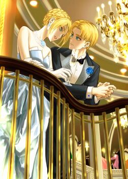  1boy 1girl alternate_costume annie_leonhart aqua_eyes armin_arlert bare_shoulders black_bow black_bowtie black_suit blonde_hair blue_eyes blue_flower blue_rose bow bowtie chandelier closed_mouth commentary dress earrings elbow_gloves flower formal_clothes gloves grey_dress height_difference highres indoors jewelry long_sleeves looking_at_another necklace own_hands_together rose shingeki_no_kyojin short_hair smile strapless strapless_dress suit white_gloves yi_(199702090505) 