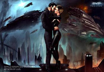  1boy 1girl artist_name beard black_bodysuit black_hair black_shoes blonde_hair bodysuit breasts brown_hair building caldari_navy_(eve_online) caldari_state_(eve_online) capital_ship_(eve_online) character_name city closed_eyes combat_ship_(eve_online) commentary copyright_logo copyright_name couple damillia_seraph_(theburning1) dreadnought_(eve_online) duvolle_laboratories_(eve_online) english_commentary erebus_(eve_online) eve_online facial_hair federation_navy_(eve_online) fleet from_side full_body gallente_federation_(eve_online) glowing gradient_hair hand_on_another's_neck hand_on_another's_waist hetero high_heels highres kaalakiota_corporation_(eve_online) leviathan_(eve_online) lips logo long_sleeves mechanical_hands medium_breasts military_vehicle moros_(eve_online) multicolored_hair nose original phoenix_(eve_online) prosthesis prosthetic_hand roden_shipyards_(eve_online) science_fiction shoes short_hair single_mechanical_hand sky skyscraper standing star_(sky) starry_sky sunglasses super_capital_ship_(eve_online) support_ship_(eve_online) titan_(eve_online) two-tone_hair uliel very_short_hair 
