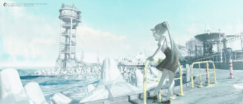  1girl absurdres artist_logo artist_name black_shoes blue_sky building childwolf cloud cloudy_sky dated english_text fence floating_hair full_body green_eyes green_hair hair_ornament hand_on_fence hand_on_own_forehead hatsune_miku highres horizon industrial_pipe iron_fence logo long_hair ocean outdoors over-kneehighs pillar pixiv_id scenery shirt shoes shore skirt sky solo standing standing_on_one_leg suspender_skirt suspenders telescope tetrapod thighhighs twintails vocaloid watch water_tower waves white_shirt white_thighhighs wind zettai_ryouiki 