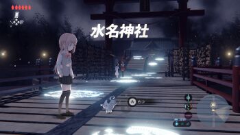  3girls aqua_bow aqua_bowtie bag black_skirt black_sleeves black_socks black_thighhighs blue_hair blunt_bangs bow bowtie bridge brown_hair brown_shoes buttons city closed_mouth collared_shirt commentary_request expressionless faceless faceless_female full_body grey_vest health_bar high-waist_skirt kamihama_university_affiliated_school_uniform layered_sleeves long_hair long_sleeves looking_at_creature low_ponytail magia_record:_mahou_shoujo_madoka_magica_gaiden magic_circle mahou_shoujo_madoka_magica map miniskirt multiple_girls nanami_yachiyo night nintendo outdoors over-kneehighs parody pink_bow pink_bowtie pink_eyes pink_hair pleated_skirt ponytail red_sailor_collar red_skirt sailor_collar samidare_(hoshi) school_uniform shirt shoes short_over_long_sleeves short_sleeves shoulder_bag shrine side_ponytail sidelocks skirt small_kyubey socks soul_gem straight_hair takarazaki_school_uniform tamaki_iroha the_legend_of_zelda the_legend_of_zelda:_breath_of_the_wild thighhighs torii translation_request user_interface uwabaki very_long_hair vest white_bag white_shirt yui_tsuruno zettai_ryouiki 