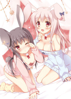 2girls :< :d all_fours animal_ears areola_slip arm_support bad_id bad_pixiv_id bare_legs bare_shoulders bed black_hair blush bottomless bow breasts brown_eyes choker cleavage downblouse dutch_angle ear_ribbon fang female_focus finger_to_face hair_bow hanging_breasts heart kneeling large_breasts legs long_hair long_sleeves looking_at_viewer loose_socks multiple_girls naked_sweater no_bra off-shoulder off-shoulder_sweater off_shoulder on_bed one_eye_closed open_mouth original pan_(mimi) pink_hair pink_legwear polka_dot polka_dot_legwear rabbit_ears rabbit_girl rabbit_tail red_eyes ribbed_sweater ribbon rubbing_eyes sitting sleepy sleeves_past_wrists small_breasts smile socks star_(symbol) sweater tail very_long_hair wince yellow_legwear yokozuwari rating:Questionable score:41 user:danbooru