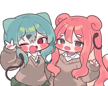  2girls blush brown_sweater bulbasaur chibi chibi_only collared_shirt commentary_request crossed_bangs fang gen_1_pokemon green_hair green_skirt gyaru_bulbasaur_(shin_no_tenpii) gyaru_slowpoke_(shin_no_tenpii) hair_between_eyes highres long_sleeves looking_at_viewer mming_(mmingis18) multiple_girls nintendo one_eye_closed open_mouth personification pink_hair pokemon pokemon_pokopia red_eyes shirt simple_background skirt sleeves_past_wrists slowpoke sweater w white_background white_shirt 