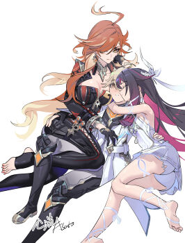  1boy 2girls absurdres adapted_costume aether_(as_heaven_and_earth_are_made_anew)_(genshin_impact) aether_(genshin_impact) ahoge ass bare_shoulders biker_clothes bikesuit black_bodysuit black_gloves black_hair blonde_hair bodysuit breasts cleavage closed_eyes closed_mouth columbina_(genshin_impact) commentary_request dress earrings feathered_wings genshin_impact gloves hair_between_eyes harem head_wings highres jewelry large_breasts long_hair long_sleeves mavuika_(genshin_impact) multicolored_hair multiple_girls multiple_wings official_alternate_costume orange_eyes orange_hair purple_hair red_hair smile stirrup_legwear streaked_hair toeless_legwear two-tone_hair very_long_hair white_dress white_wings wings xinliu_asato yellow_eyes 