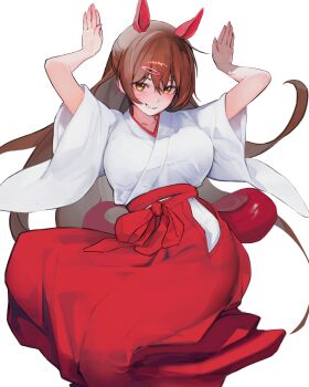  1girl absurdres alternate_costume alternate_hairstyle animal_ears arms_up blush breasts brown_eyes brown_hair chuunibyou_demo_koi_ga_shitai! grin gunu_(nyzn3223) hair_between_eyes hair_ornament hairclip hakama hakama_skirt highres horse_ears horse_girl japanese_clothes kemonomimi_mode kimono large_breasts long_hair looking_at_viewer nibutani_shinka rabbit_pose red_hakama simple_background skirt smile solo teeth white_background white_kimono wide_sleeves 