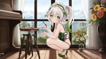  1girl absurdres alternate_costume closed_mouth commentary comodox corset cross-shaped_pupils english_commentary flat_chest flower from_side genshin_impact gradient_hair green_eyes green_hair green_hairband green_panties green_shoes grey_hair hairband high_heels highres indoors instrument large_variant_set loli looking_at_viewer maid_headdress multicolored_hair nahida_(genshin_impact) nail_polish panties piano pink_nails pointy_ears shoes side_ponytail sidelocks smile solo squatting streaked_hair symbol-shaped_pupils underwear variant_set vase window wooden_floor 