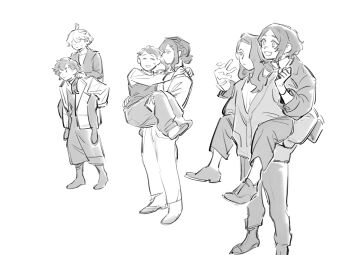  6+girls absurdres ahoge awkward boots braid carrying dark-skinned_female dark_skin expressionless formal_clothes full_body grin gundam gundam_suisei_no_majo half_up_braid high_heels highres ireesha_plano jacket long_hair maisie_may miorine_rembran multicolored_hair multiple_girls nideaneng nika_nanaura pants piggyback ponytail princess_carry sabina_fardin serious shirt shoes short_hair simple_background smile suit suletta_mercury sweatdrop sweater thick_eyebrows thumbs_up v white_background white_hair white_shirt 