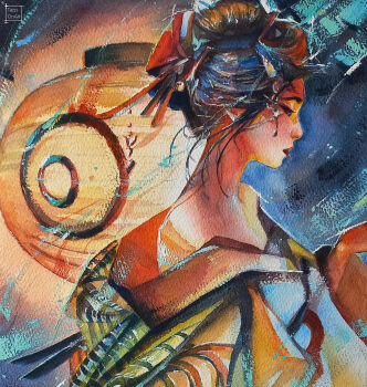  1girl artist_name bare_shoulders black_hair closed_mouth commentary english_commentary gouache_(medium) highres lantern making-of_available off_shoulder original painting_(medium) paper_lantern profile solo tatti_art traditional_media watercolor_(medium) witch_(tatti_art) 