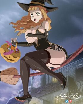 1girl artanis69 black_clover breasts broom covering_breasts covering_privates earrings grabbing_own_breast hair_ornament halloween halloween_bucket halloween_costume hat high_heels highres jewelry large_breasts long_hair mimosa_vermillion open_mouth orange_hair panties ring surprised tagme underwear wardrobe_malfunction witch_hat yellow_eyes rating:Questionable score:155 user:Ultimate52