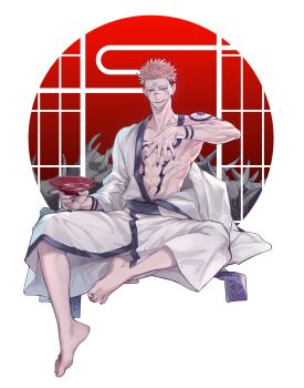  1boy :q abs absurdres arm_out_of_sleeve arm_tattoo barefoot black_nails chest_tattoo collarbone commentary_request facial_tattoo feet fingernails forehead_tattoo full_body highres holding invisible_chair japanese_clothes jujutsu_kaisen kan_(forest_kan) kimono looking_at_viewer male_focus multiple_tattoos muscular muscular_male navel nipples pectorals pile_of_skulls pink_hair red_eyes ryoumen_sukuna_(jujutsu_kaisen) sharp_fingernails short_hair simple_background sitting solo suggestive_fluid tattoo teeth toenails tongue tongue_out undercut veins veiny_arms white_background white_kimono wrist_tattoo 