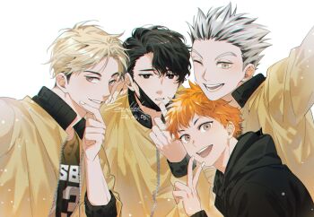  4boys black_hair black_hoodie blonde_hair bokuto_koutarou commentary dated fingernails grey_hair haikyuu!! hinata_shouyou hood hoodie jacket male_focus mask mismatched_eyebrows miya_atsumu mouth_mask mouth_pull msby_black_jackals_volleyball_uniform multicolored_hair multiple_boys one_eye_closed orange_hair sakusa_kiyoomi sanddek selfie short_hair signature simple_background track_jacket two-tone_hair untranslatable_commentary unzipped v white_background 