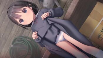  1boy 1girl 3d animated blue_eyes brown_hair censored closed_eyes custom_udon female_focus fingering fingering_from_behind grabbing_another's_ass groping happy highres legs lifting_own_clothes loli open_mouth original panties panty_pull pussy school_uniform short_hair skirt smile solo spread_legs standing tagme thighs thumb_in_pussy underwear upskirt video white_panties  rating:Explicit score:402 user:spk