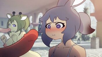  2boys 2girls :< animal_ears animated animated_gif blinking blush bouncing_breasts breasts closed_eyes closed_mouth colored_skin fellatio giraffe_ears green_hair green_skin grey_hair hand_on_own_chin hetero humanization imminent_fellatio judy_hopps large_breasts large_penis looking_at_another mike_inel multiple_boys multiple_girls nipples open_mouth oral penis penis_awe ponytail purple_eyes rabbit_ears short_hair tongue tongue_out twitching twitching_penis uncensored zootopia  rating:Explicit score:1285 user:PuttHutt