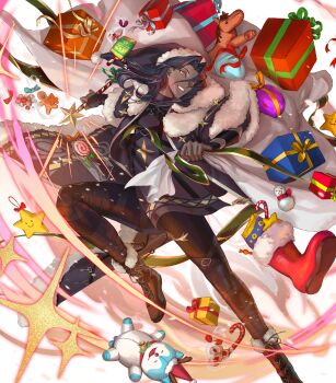 1boy attack black_hair boots candy candy_cane character_doll dark-skinned_male dark_skin doll egawa_akira fire_emblem fire_emblem_engage fire_emblem_heroes food gift green_ribbon grin hat highres holding holding_sack key long_hair male_focus nintendo non-web_source official_art ribbon sack santa_costume santa_hat smile solo sommie_(fire_emblem) zelkov_(fire_emblem) zelkov_(winter_shadow)_(fire_emblem)
