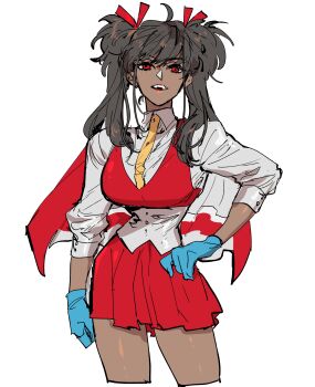  1girl absurdres blue_gloves breasts brown_hair cape collared_shirt commentary_request cropped_vest curvy dark-skinned_female dark_skin decepticon genderswap genderswap_(mtf) gloves hand_on_own_hip highres humanization large_breasts lipstick long_hair long_sleeves makeup narrow_waist necktie open_mouth red_cape red_eyes red_lips red_skirt red_vest shirt skirt starscream tatamintatamin teeth transformers twintails upper_teeth_only vest white_shirt yellow_necktie 