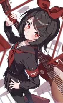  1girl alternate_color alternate_eye_color alternate_hair_color armband artist_name black_hair black_pantyhose black_serafuku black_shirt black_skirt bow chair closed_mouth desk frown hair_bow hand_on_own_hip hasei_(hasei01) hashtag-only_commentary highres holding holding_instrument instrument kagamine_rin long_sleeves looking_at_viewer lost_one_no_goukoku_(vocaloid) neckerchief pantyhose pleated_skirt red_armband red_bow red_eyes red_neckerchief school_uniform serafuku shirt short_hair signature skirt standing swept_bangs tsurime twitter_username vocaloid 