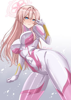  1girl absurdres blue_archive blue_eyes blush bodysuit breasts commentary_request cosplay covered_groin covered_navel embarrassed groin_tendon gundam gundam_seed gundam_seed_freedom hair_between_eyes halo highres lacus_clyne lacus_clyne_(cosplay) large_breasts long_hair looking_at_viewer mimori_(blue_archive) nervous_smile pink_hair pink_halo rynn_(darknescorez) skin_tight smile solo thighs voice_actor_connection white_bodysuit 