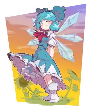  1girl ;) aqua_hair arms_behind_back blue_dress cirno dress frilled_dress frills full_body highres ice ice_wings imerald looking_at_viewer one_eye_closed puffy_sleeves shirt smile socks standing touhou white_shirt white_socks wings 