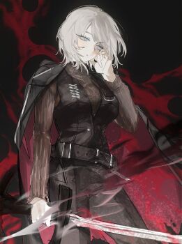  1girl belt black_background black_coat black_vest blood blood_on_face blue_eyes brown_belt closed_mouth coat coat_on_shoulders cowboy_shot faust_(project_moon) highres limbus_company looking_to_the_side nmu_(namu) project_moon short_hair smoke solo source_request sword two-sided_coat two-sided_fabric vest weapon white_hair zweihander 