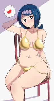  1girl bikini blue_eyes blue_hair blush breasts breasts_apart collarbone cowboy_shot curvy freckles gold_bikini heart highres lana's_mother_(pokemon) large_breasts looking_at_viewer mature_female navel nintendo open_clothes pabsmikan pokemon pokemon_(anime) pokemon_sm_(anime) side-tie_bikini_bottom sitting solo spoken_heart swimsuit thighs untied_bikini untied_bikini_bottom untying white_background 