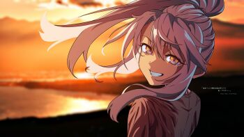  19_chisinlo 1girl blurry chloe_von_einzbern commentary_request dark-skinned_female dark_skin depth_of_field fate/grand_order fate/kaleid_liner_prisma_illya fate_(series) floating_hair highres long_hair looking_at_viewer ocean pink_eyes pink_hair ponytail shirt sky solo translation_request twilight wind 