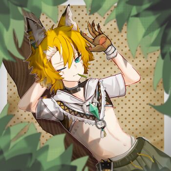  1boy animal_ear_fluff animal_ears animal_hands aqua_eyes arm_behind_head black_collar black_shorts black_streaks blonde_hair branch cat_boy cat_ears chinese_commentary closed_mouth collar commentary cowboy_shot crop_top ear_piercing facial_mark gem gloves green_gem hair_between_eyes hand_up highres hood hood_down hooded_shirt in_tree jewelry leaf leaf_in_mouth looking_at_viewer lying male_focus multicolored_hair multiple_piercings navel necklace notched_ear on_back one_eye_closed paw_gloves piercing serval_(zeroera) shadow shirt short_sleeves shorts sidelocks solo stomach tree white_hair white_shirt xiao_tennu zeroera 