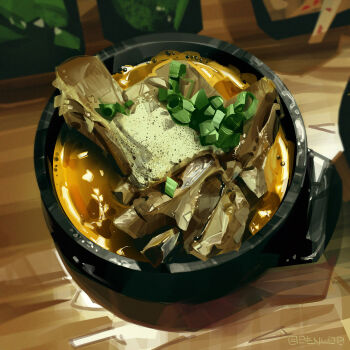  art_study ben_lo bone bowl chopped_spring_onion food food_focus from_above highres on_table original painterly pork soup table wooden_table  rating:General score:1 user:danbooru