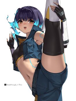  1girl artist_name black_gloves black_thighhighs blue_hair blue_shorts blue_vest breasts brown_eyes commentary_request completion_time crop_top dark-skinned_female dark_skin fiery_hair fingerless_gloves gloves highres navel open_clothes open_mouth open_vest riro_(breakthrough_rr) sena_(xenoblade) shorts side_ponytail simple_background small_breasts smile solo split standing standing_on_one_leg standing_split thighhighs twitter_username vest white_background xenoblade_chronicles_(series) xenoblade_chronicles_3 