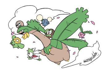  :3 banana closed_eyes closed_mouth cloud commentary_request dartrix eyelashes flying food fruit gen_2_pokemon gen_3_pokemon gen_4_pokemon gen_7_pokemon green_eyes highres hoppip jumpluff leaf legendary_pokemon mythical_pokemon nintendo no_humans onigiri_debu open_mouth petals pink_petals pokemon pokemon_(creature) pokemon_focus red_eyes riding riding_pokemon rowlet shaymin shaymin_(sky) skiploom smile trait_connection tropius twitter_username wings yellow_eyes 