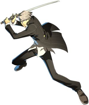  1boy commentary english_commentary fighting_stance full_body grey_hair highres holding holding_sword holding_weapon katana male_focus narukami_yu official_art oribe_hanako persona persona_4 persona_4:_the_ultimate_in_mayonaka_arena school_uniform simple_background solo sword third-party_source transparent_background weapon yasogami_school_uniform 