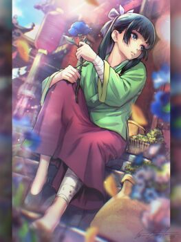  1girl 2025 architecture bandaged_ankle bandaged_wrist bandages beads black_hair black_shoes blue_eyes blue_flower blue_ribbon blue_rose blunt_bangs blurry blurry_background bow-shaped_hair chinese_clothes commentary east_asian_architecture english_commentary flats flower full_body green_shirt hair_beads hair_ornament hair_ribbon half_updo highres holding holding_flower kusuriya_no_hitorigoto lantern long_skirt maomao_(kusuriya_no_hitorigoto) red_skirt ribbon rose shirt shoes sidelocks signature sitting skirt solo toni_caballero 