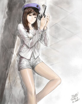  1girl against_wall eden_hunter female_focus genie_(song) girls'_generation gun handgun hat military military_uniform naval_uniform pistol real_life short_shorts shorts sm_entertainment solo sunny_(girls'_generation) weapon 