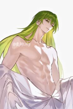  1other absurdres ai_shen_lily chinese_commentary commentary_request enkidu_(fate) fate/grand_order fate_(series) green_eyes green_hair highres long_hair navel other_focus parted_lips partially_undressed robe simple_background solo toned upper_body white_background white_robe 